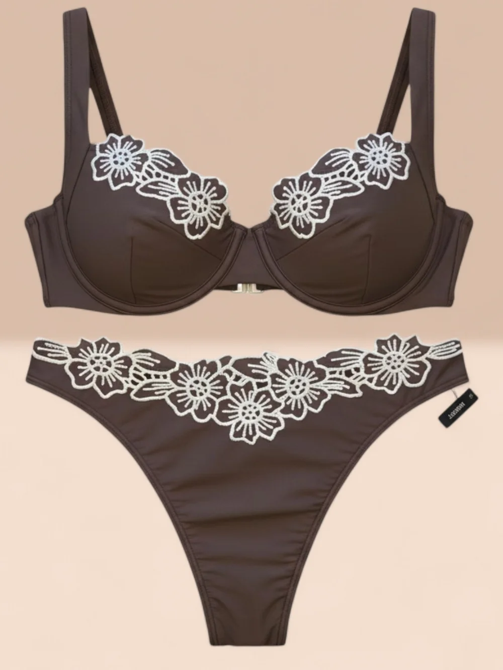Ambercrombie & Fitch Brown Floral Trim Underwire Top And Modest Bottoms Bikini - Picture 3 of 9